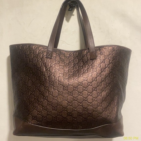 Gucci Handbags - Gucci Y2K GG Monogram Metallic Brown Coated Canvas Leather Tote Bag Italy